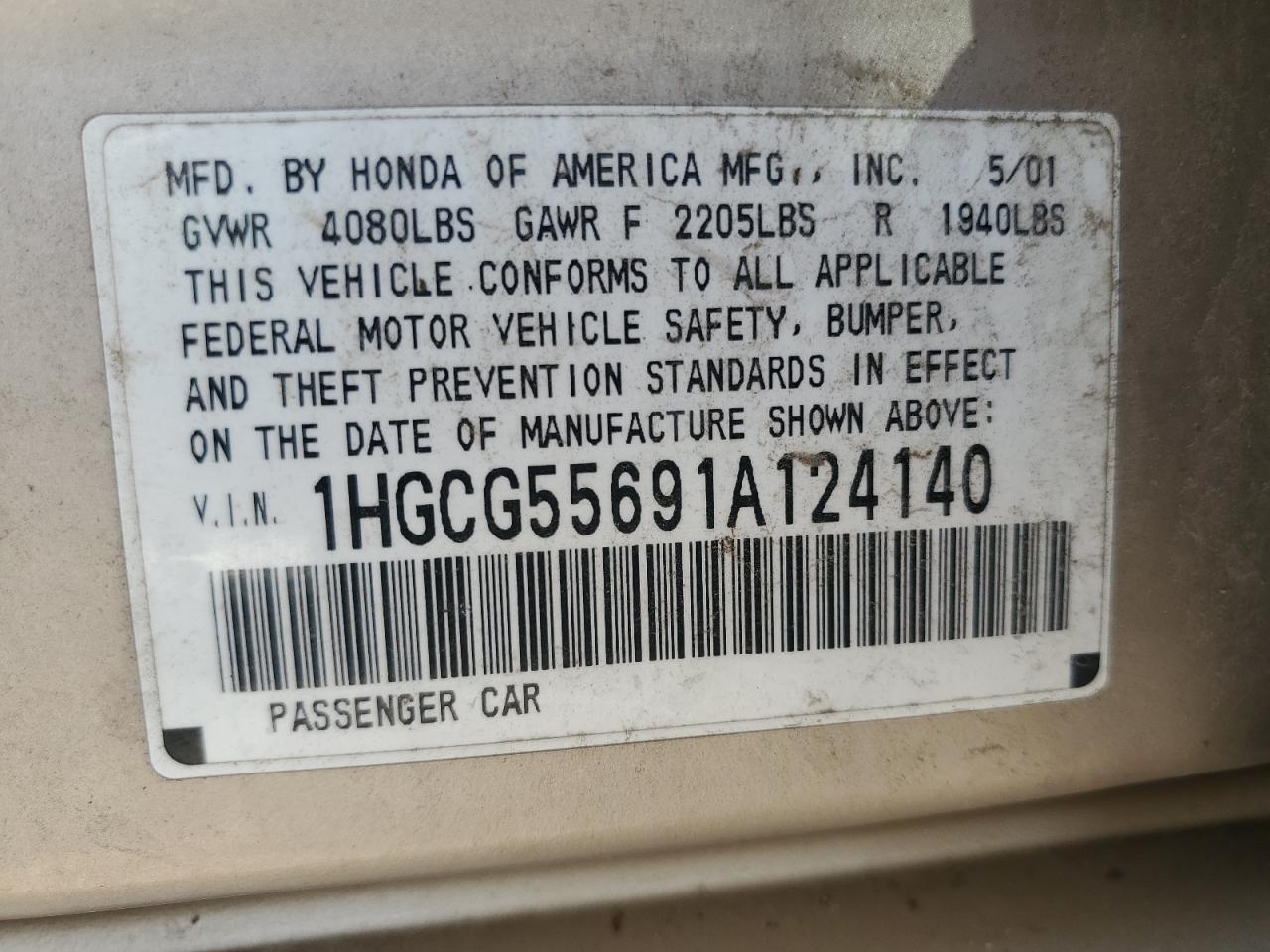 1HGCG55691A124140 2001 Honda Accord Ex