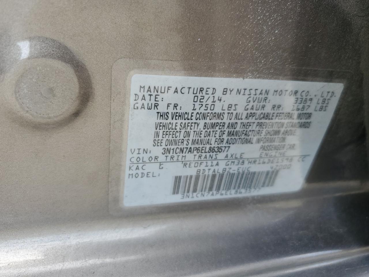 3N1CN7AP6EL863577 2014 Nissan Versa S