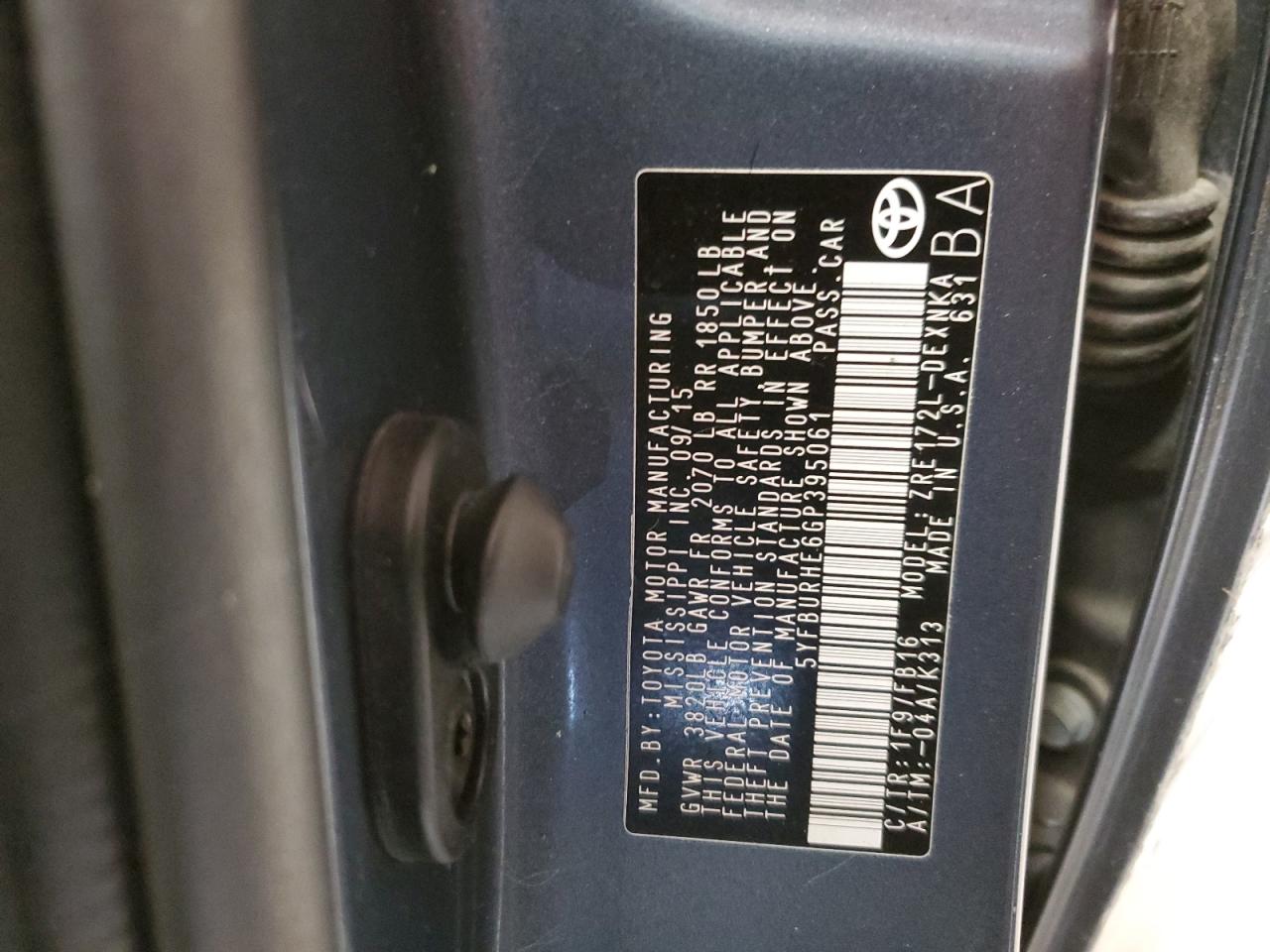 5YFBURHE6GP395061 2016 Toyota Corolla L