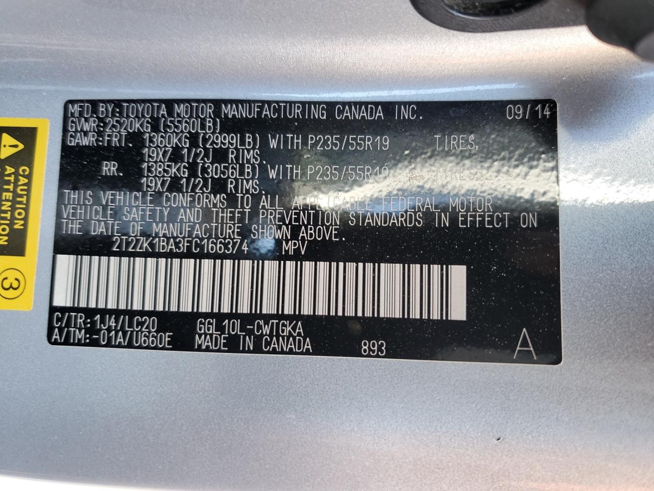 2T2ZK1BA3FC166374 2015 Lexus Rx 350