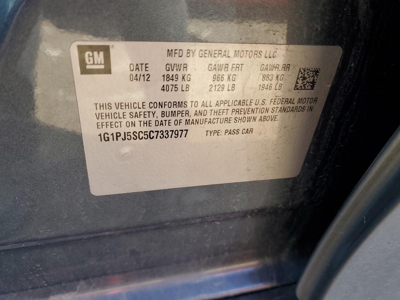 1G1PJ5SC5C7337977 2012 Chevrolet Cruze Eco