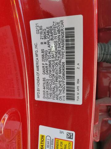 2021 Honda Accord Sport VIN: 1HGCV1F3XMA045406 Lot: 39216343