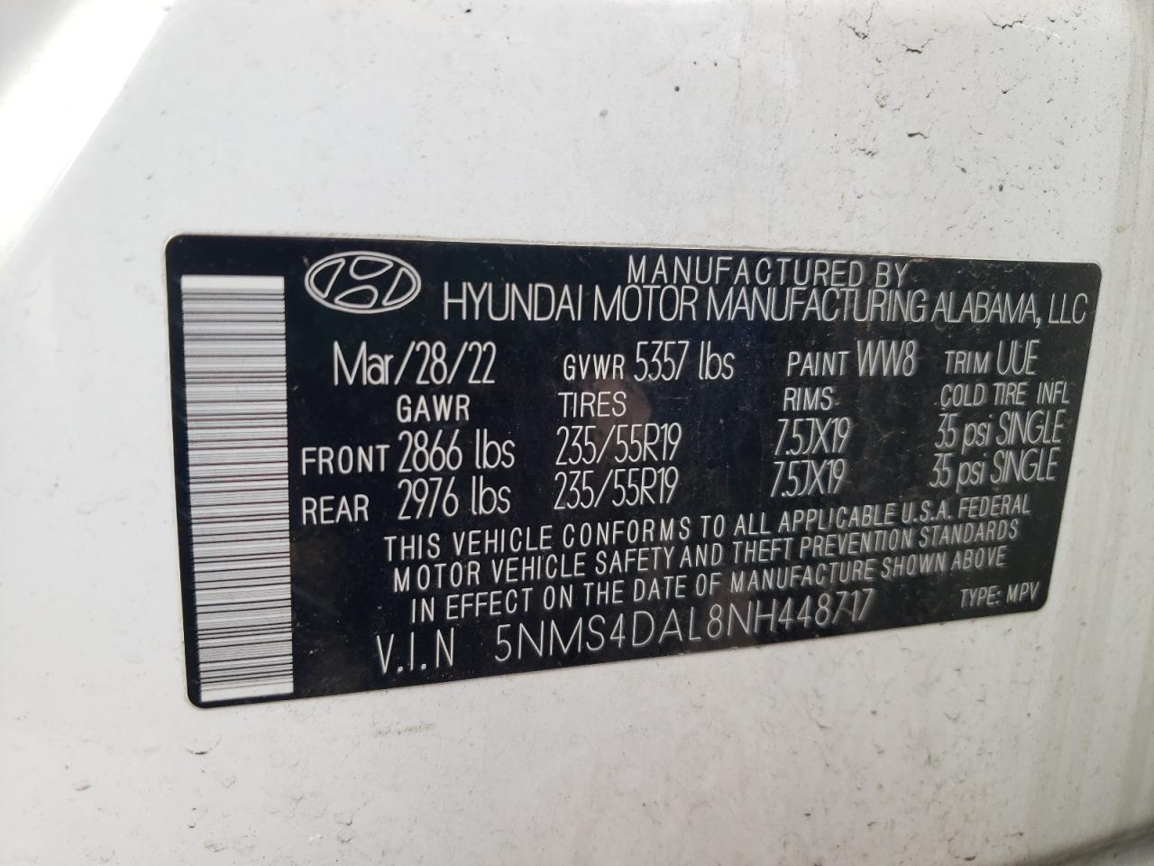 5NMS4DAL8NH448717 2022 Hyundai Santa Fe Limited