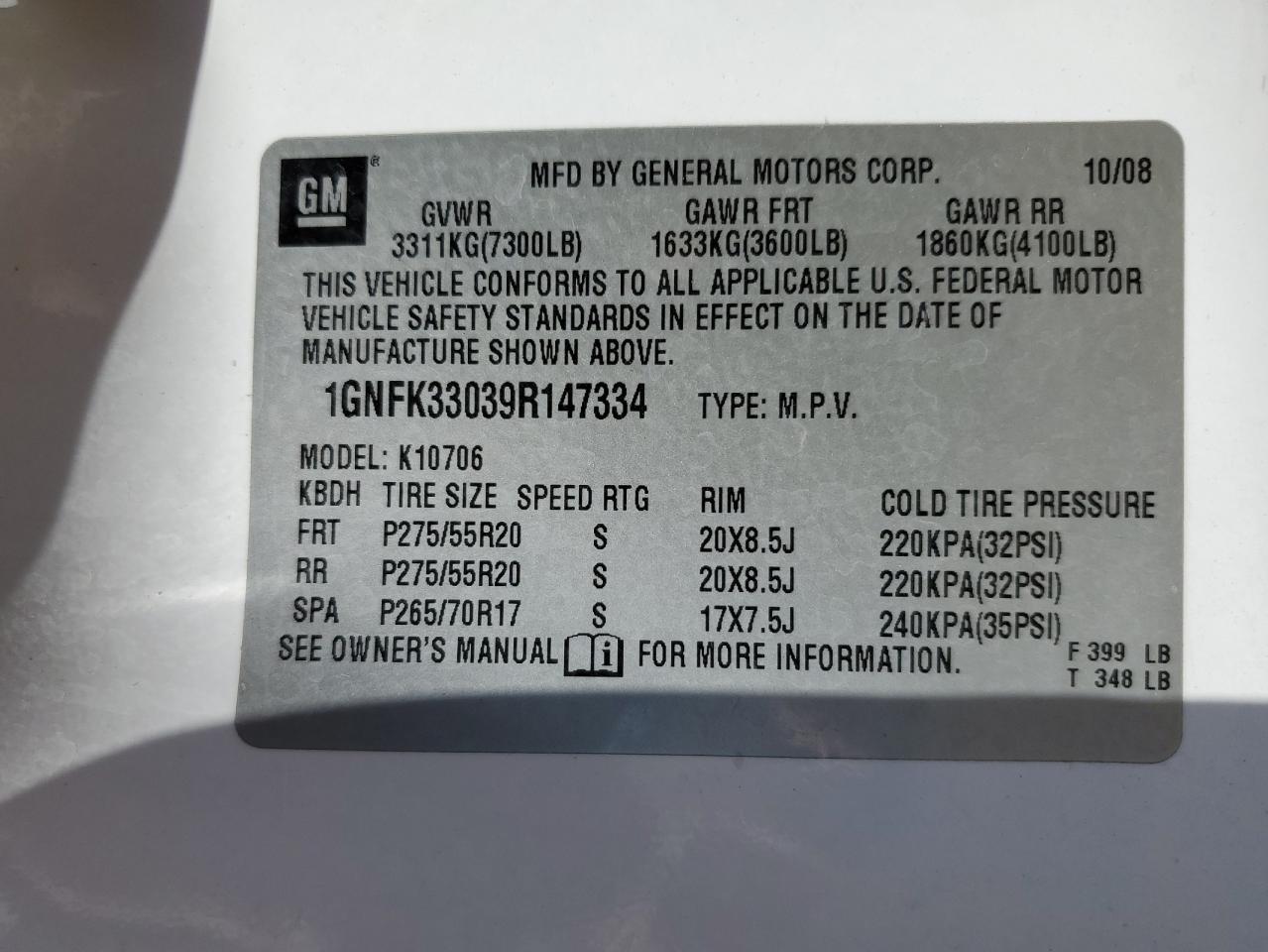 1GNFK33039R147334 2009 Chevrolet Tahoe K1500 Ltz