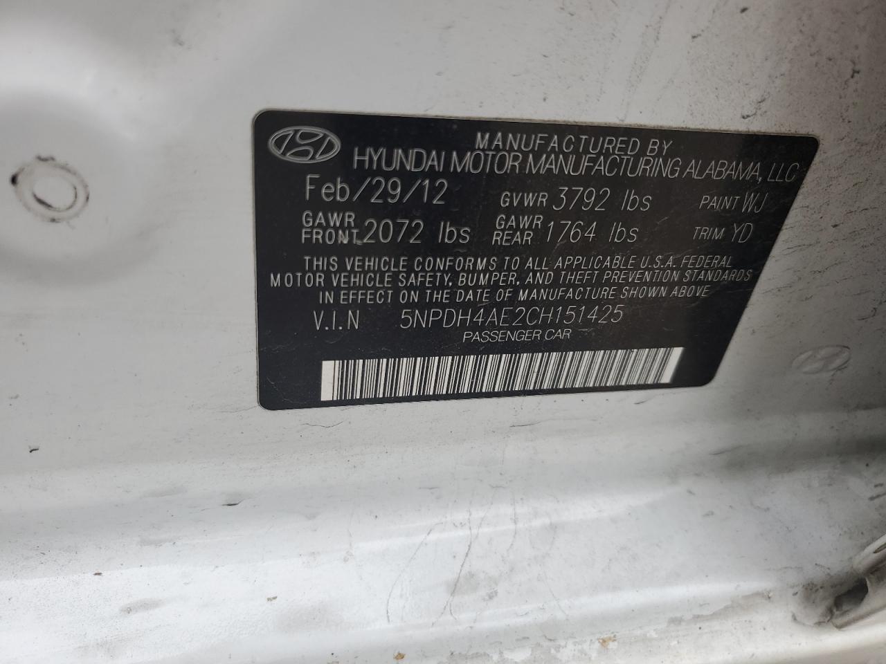 5NPDH4AE2CH151425 2012 Hyundai Elantra Gls