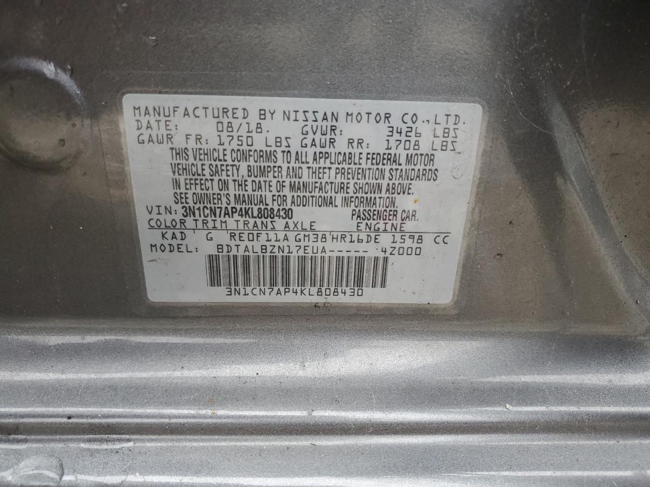 3N1CN7AP4KL808430 NISSAN VERSA 2019