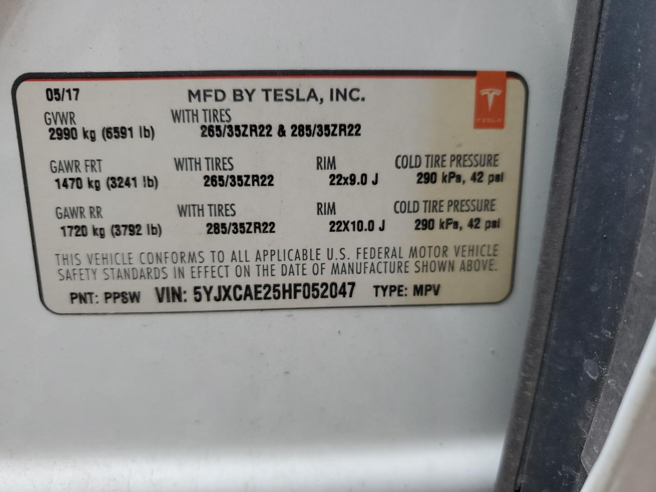 5YJXCAE25HF052047 2017 Tesla Model X