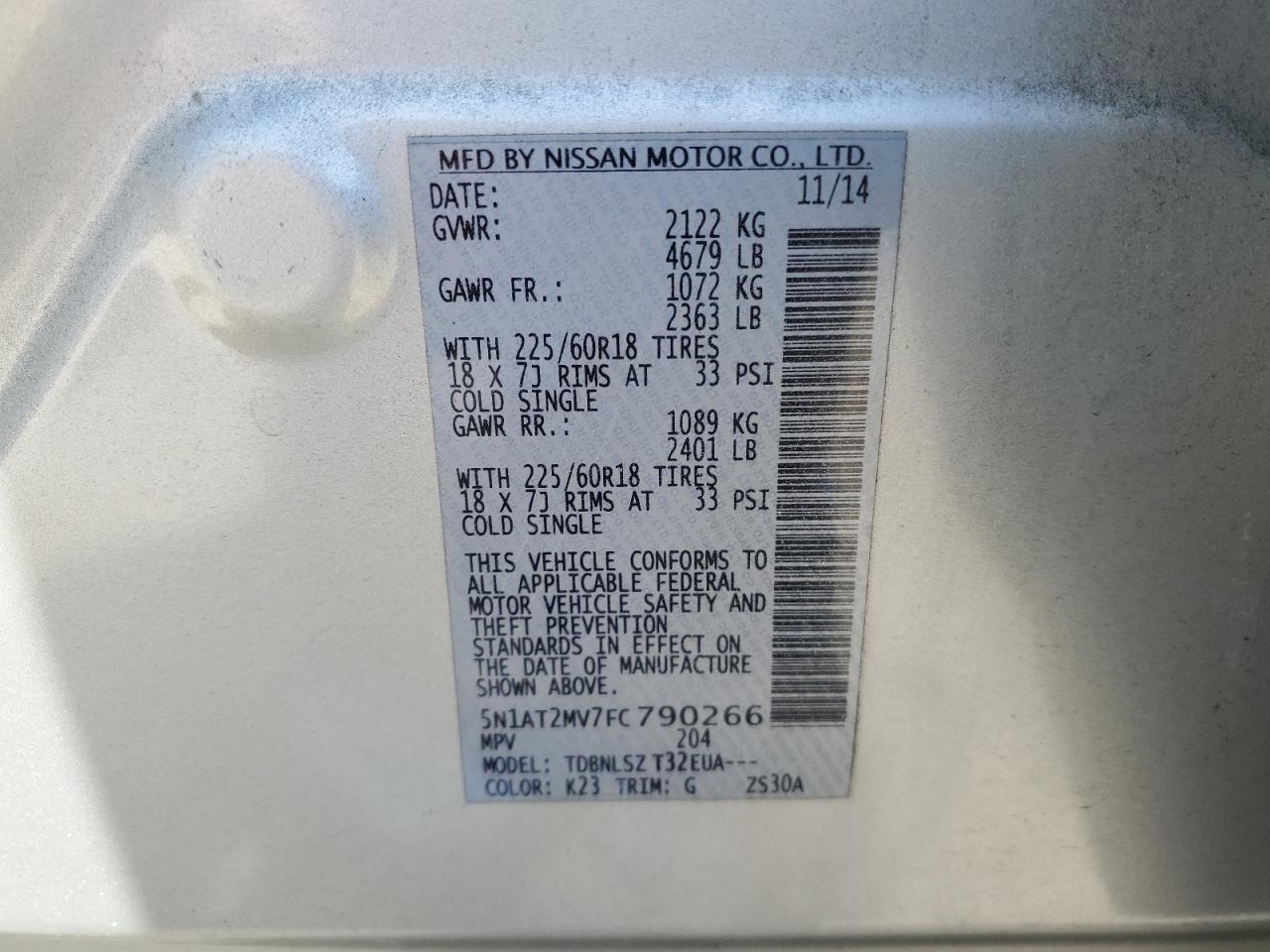 5N1AT2MV7FC790266 2015 Nissan Rogue S