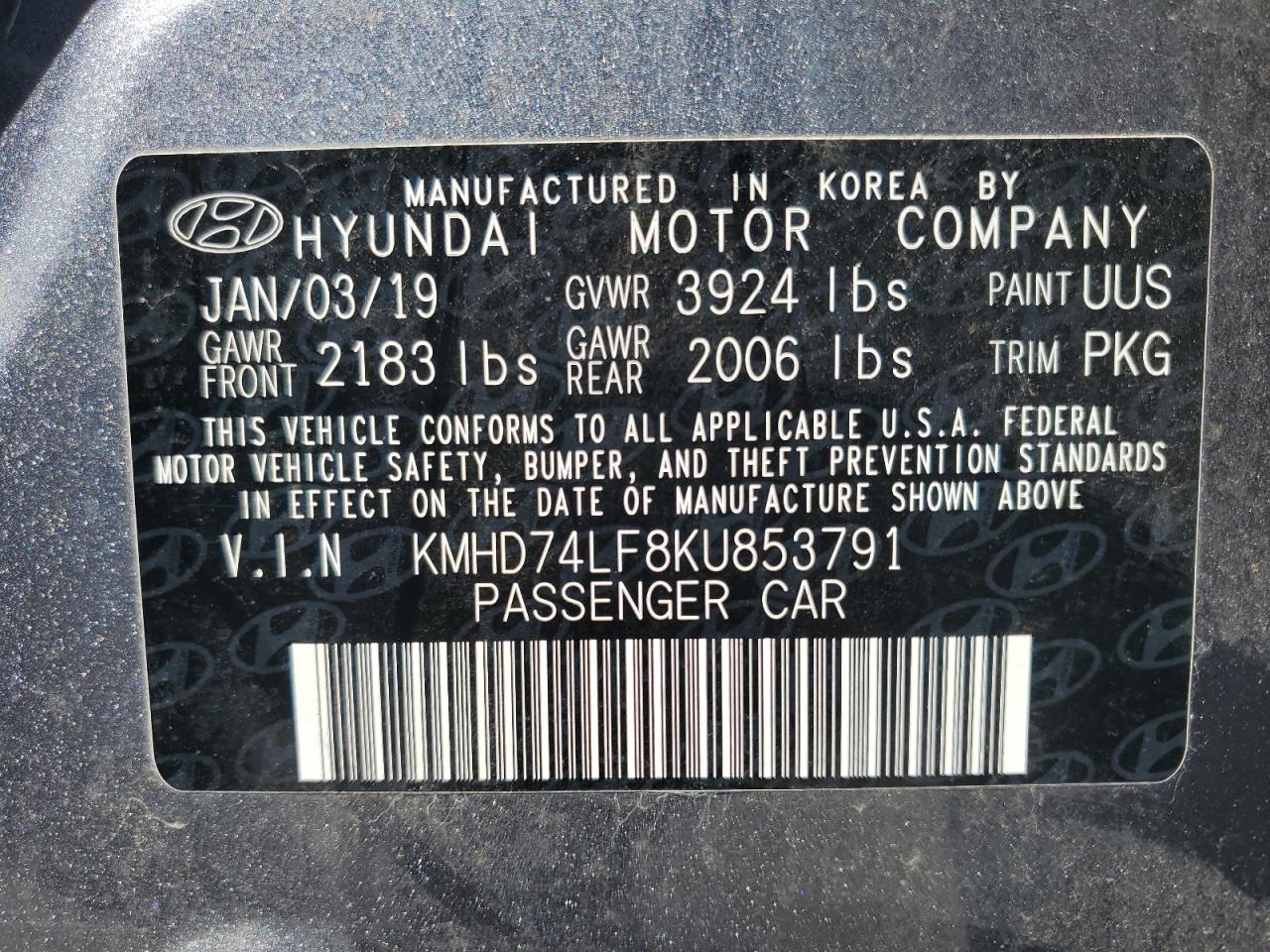 KMHD74LF8KU853791 2019 Hyundai Elantra Se