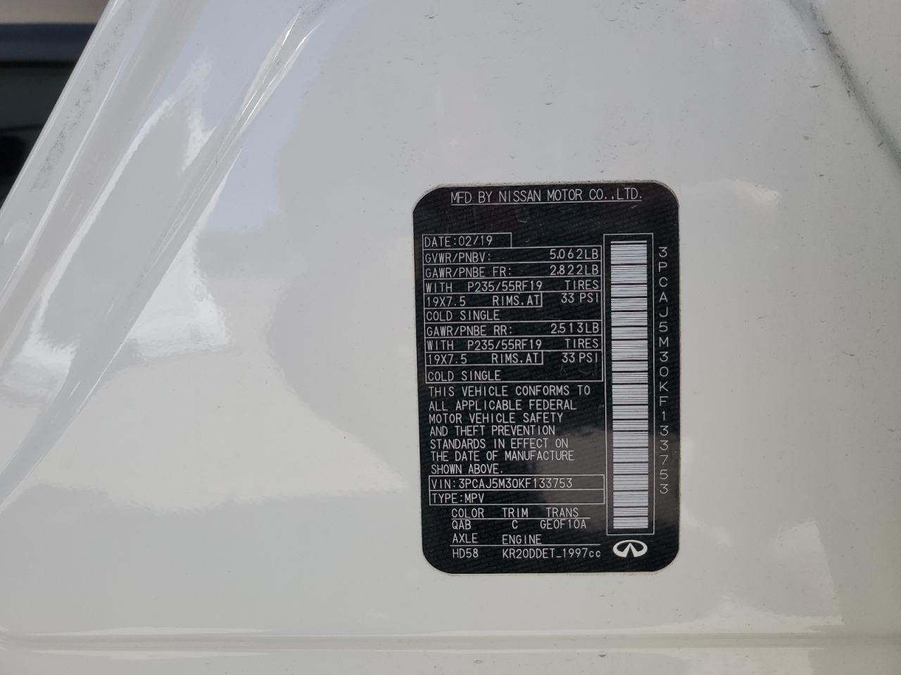 3PCAJ5M30KF133753 2019 Infiniti Qx50 Essential