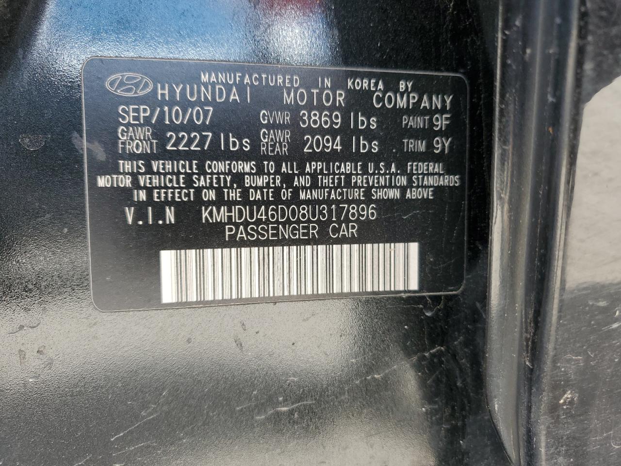 KMHDU46D08U317896 2008 Hyundai Elantra Gls