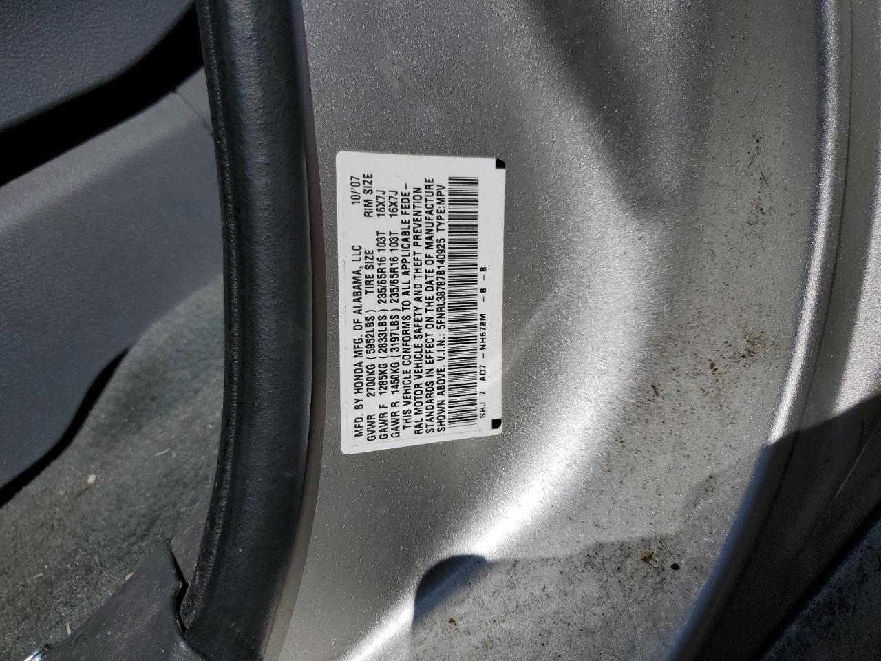 5FNRL38787B140925 2007 Honda Odyssey Exl