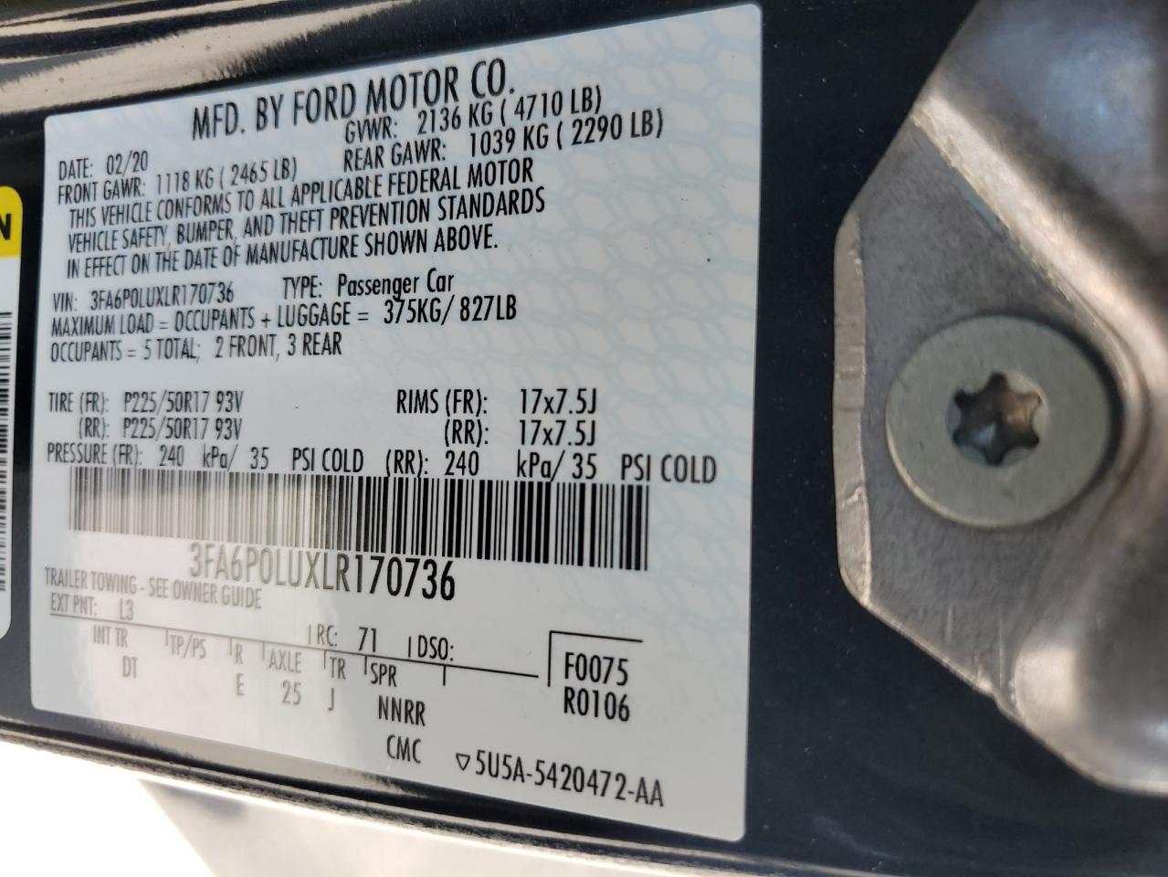 3FA6P0LUXLR170736 FORD FUSION 2020
