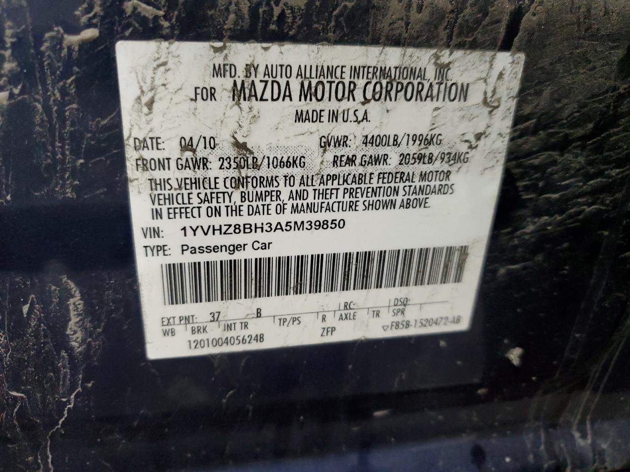 1YVHZ8BH3A5M39850 2010 Mazda 6 I