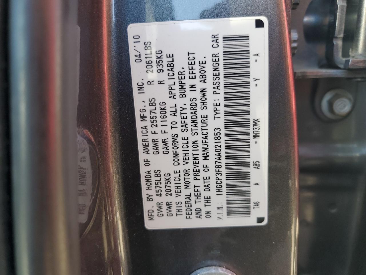 1HGCP3F87AA021853 2010 Honda Accord Exl