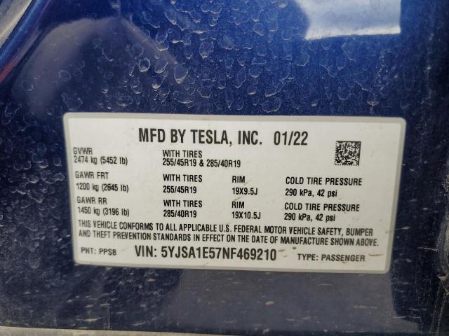 2022 Tesla Model S VIN: 5YJSA1E57NF469210 Lot: 51803134