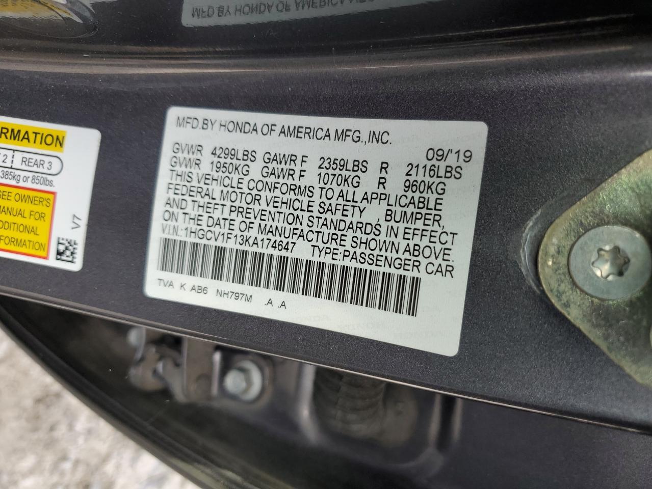 1HGCV1F13KA174647 2019 Honda Accord Lx