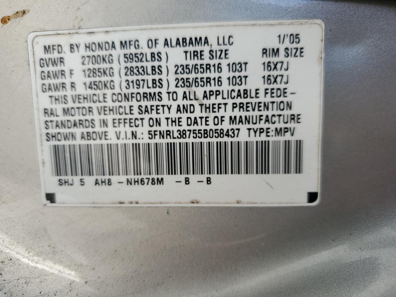 5FNRL38755B058437 2005 Honda Odyssey Exl