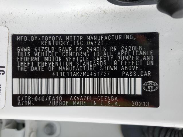 2021 Toyota Camry Le VIN: 4T1C11AK7MU451727 Lot: 51529154
