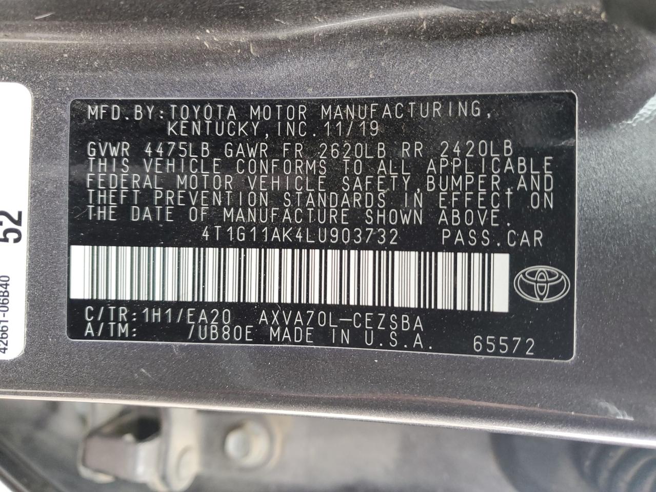 4T1G11AK4LU903732 2020 Toyota Camry Se