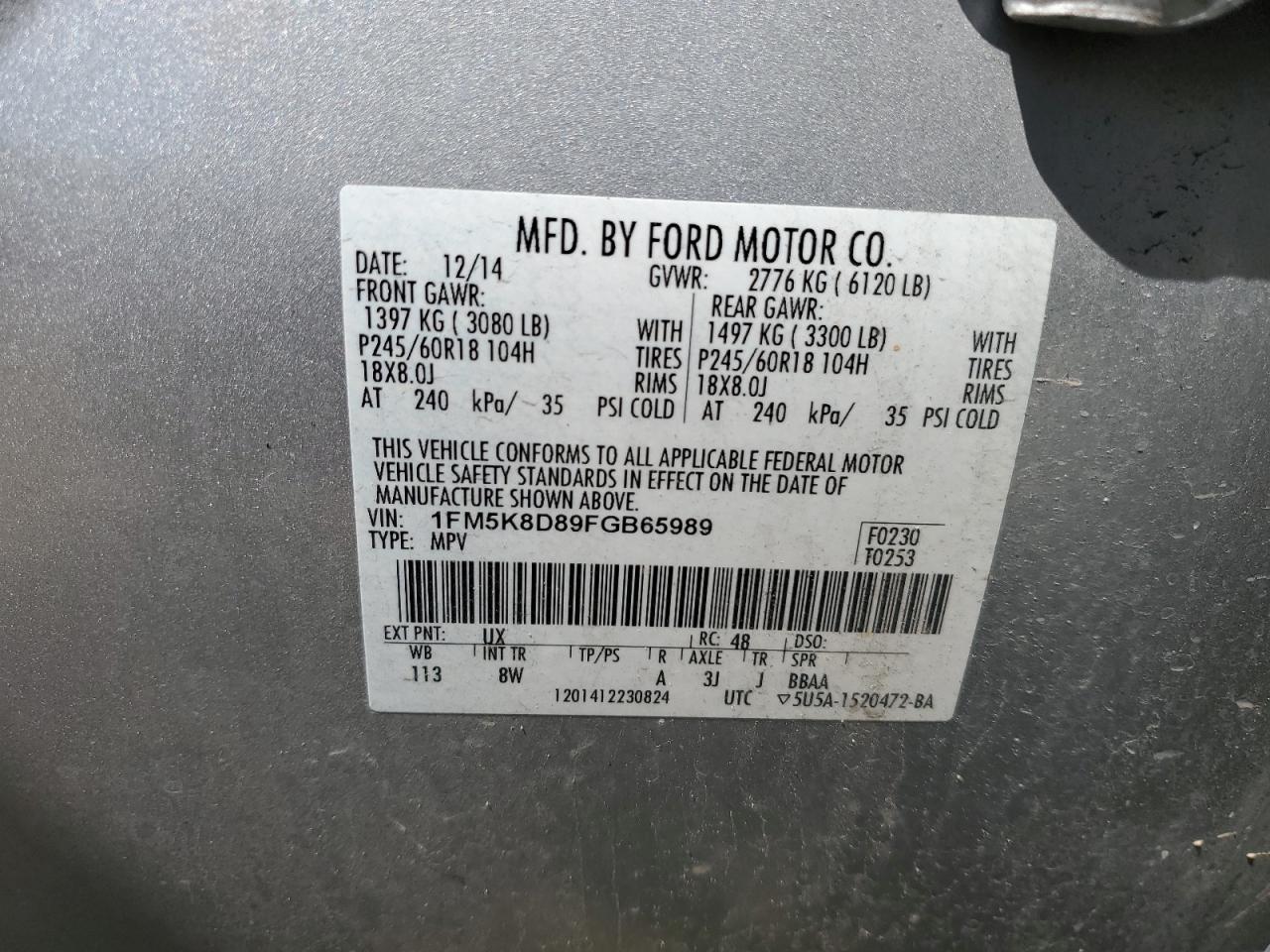 1FM5K8D89FGB65989 2015 Ford Explorer Xlt