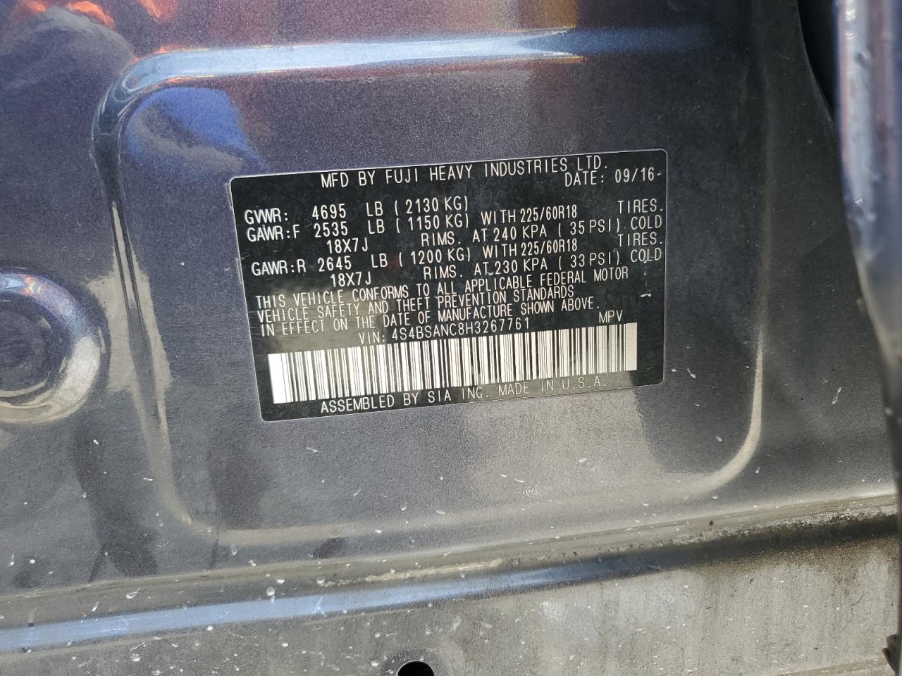 4S4BSANC8H3267761 2017 Subaru Outback 2.5I Limited