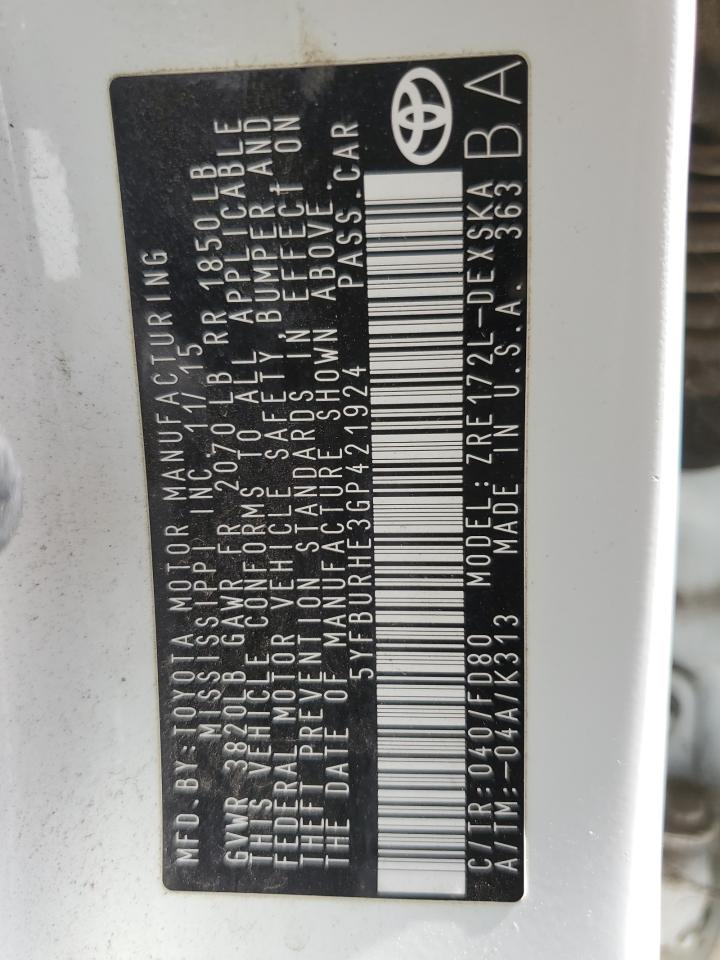 5YFBURHE3GP421924 2016 Toyota Corolla L