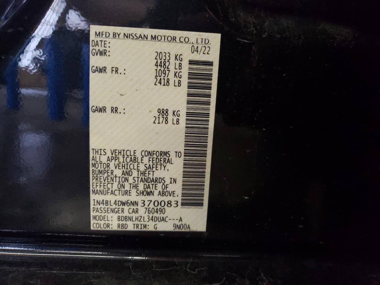 2022 Nissan Altima Sv vin: 1N4BL4DW6NN370083