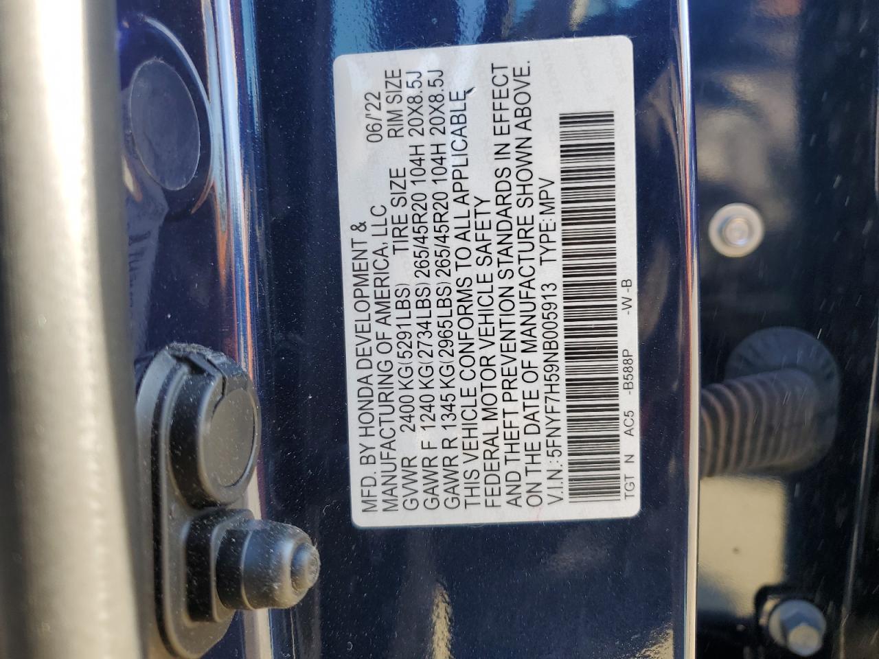 5FNYF7H59NB005913 2022 Honda Passport Exl