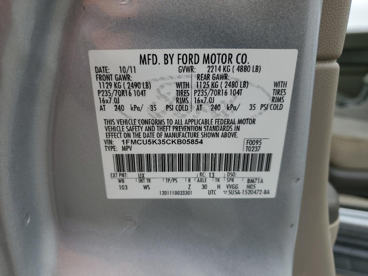 1FMCU5K35CKB05854 2012 Ford Escape Hybrid