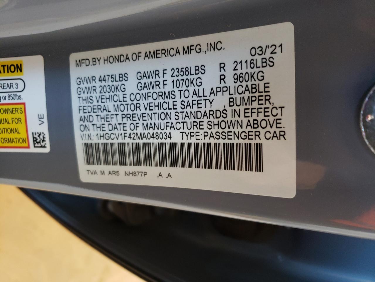 1HGCV1F42MA048034 2021 Honda Accord Sport Se