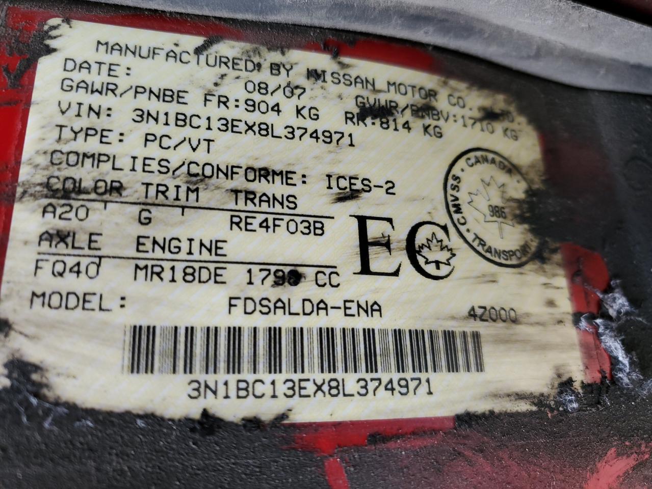 3N1BC13EX8L374971 2008 Nissan Versa S