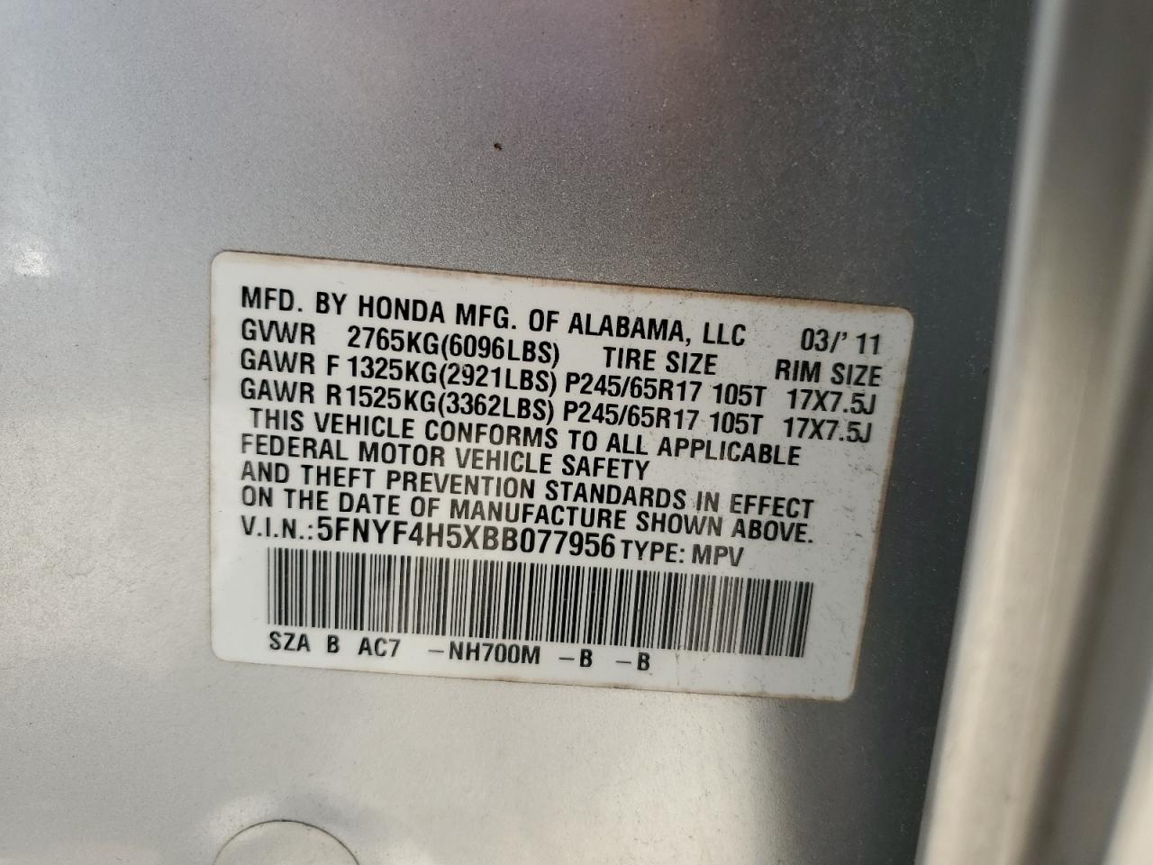 5FNYF4H5XBB077956 2011 Honda Pilot Exl