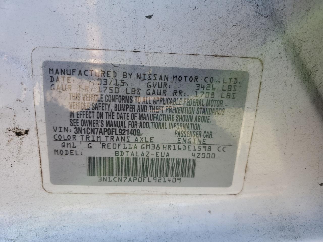 3N1CN7AP0FL921409 2015 Nissan Versa S