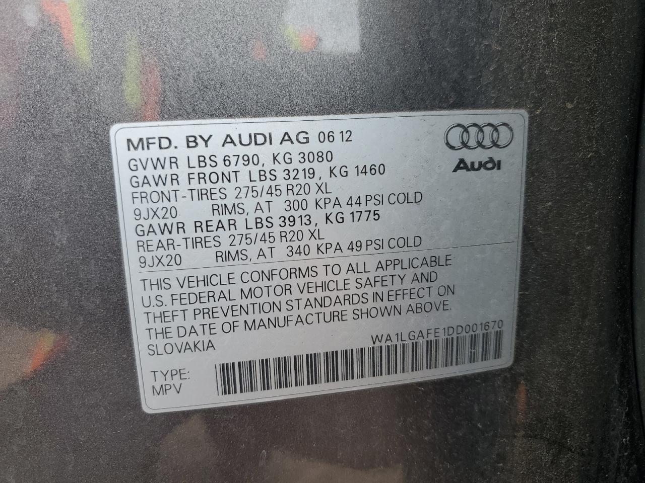 WA1LGAFE1DD001670 2013 Audi Q7 Premium Plus