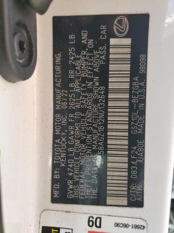 2022 Lexus Es 350 Base VIN: 58AGZ1B12NU132648 Lot: 51444644