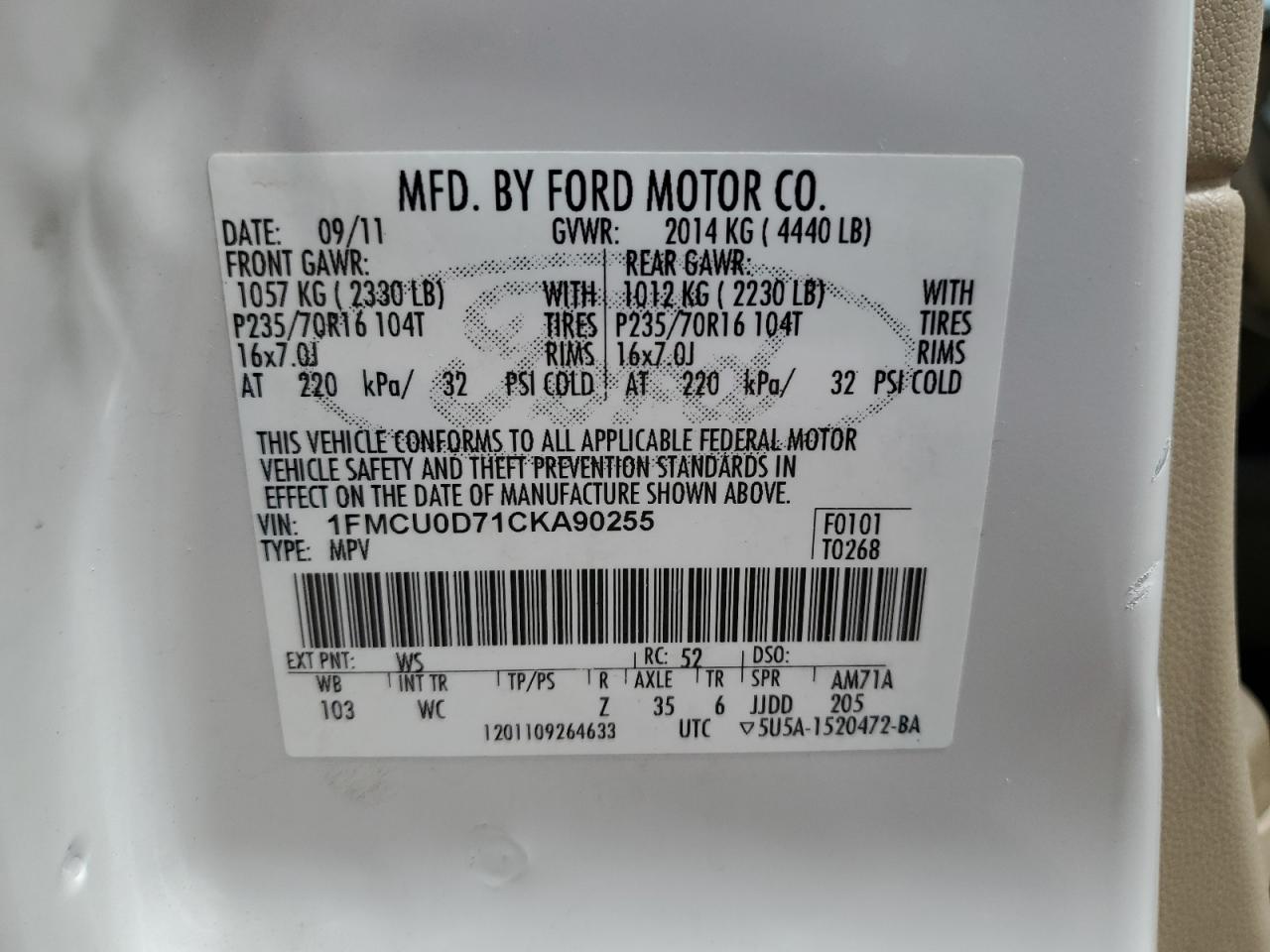 1FMCU0D71CKA90255 2012 Ford Escape Xlt