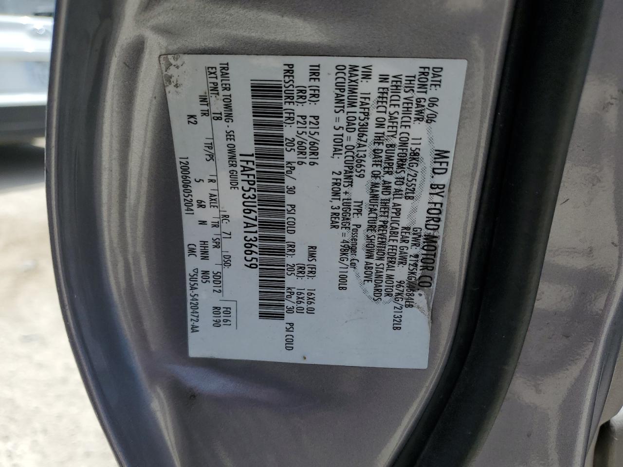 1FAFP53U67A136659 2007 Ford Taurus Se