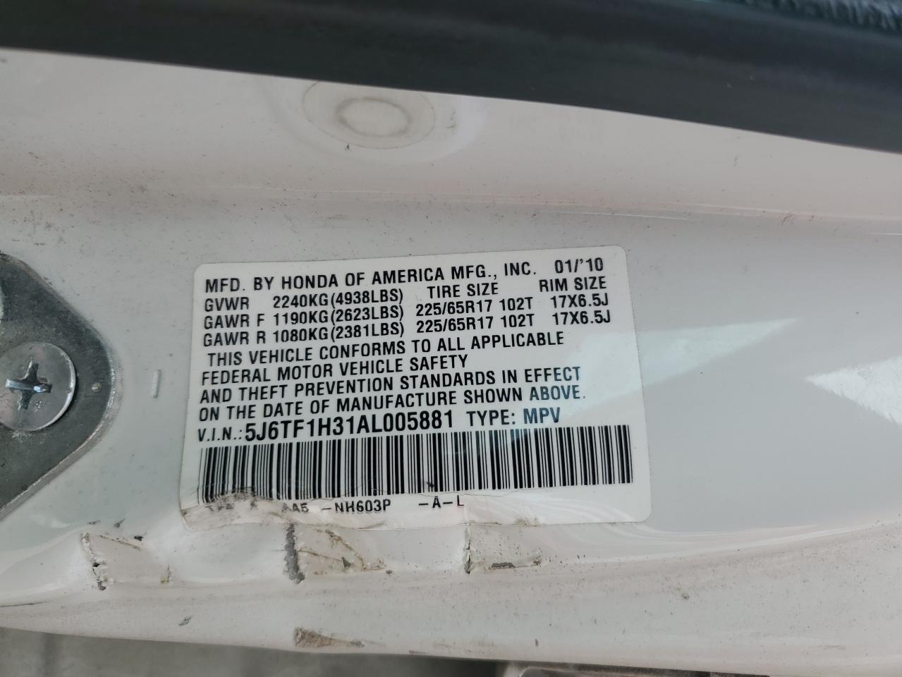 5J6TF1H31AL005881 2010 Honda Accord Crosstour Ex