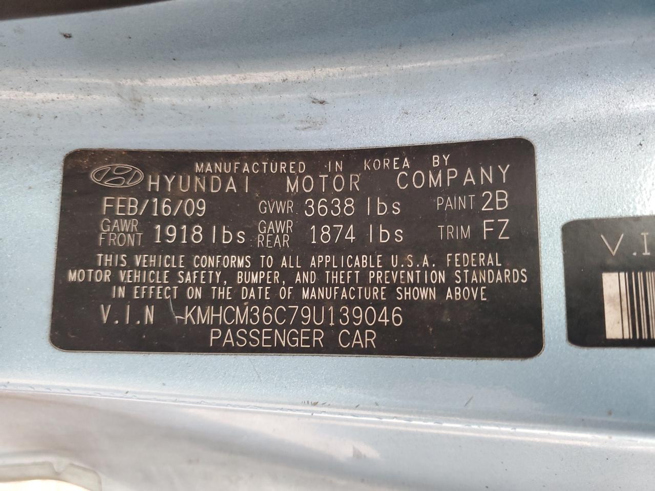 KMHCM36C79U139046 2009 Hyundai Accent Gs