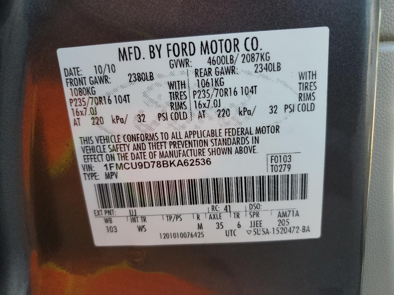 1FMCU9D78BKA62536 2011 Ford Escape Xlt