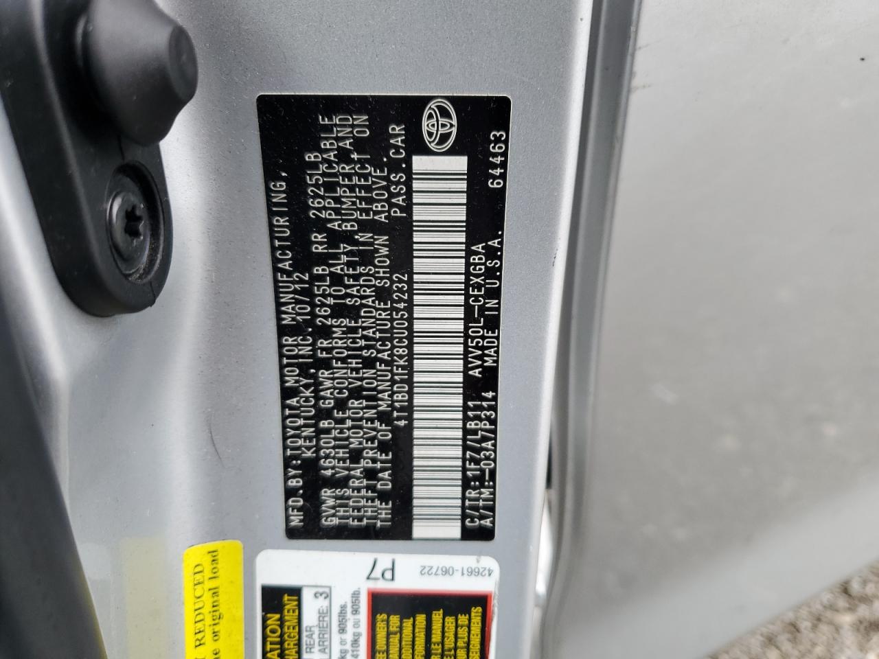 4T1BD1FK8CU054232 2012 Toyota Camry Hybrid