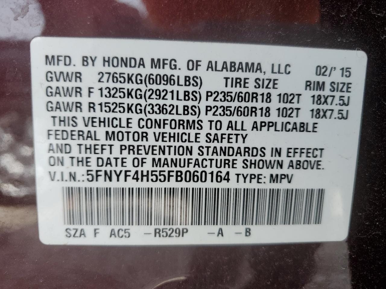 5FNYF4H55FB060164 2015 Honda Pilot Exl