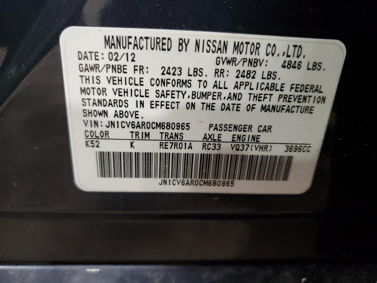 2012 Infiniti G37 vin: JN1CV6AR0CM680965