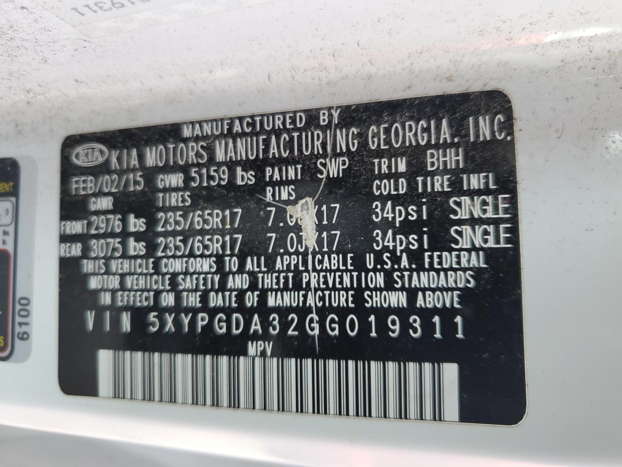 5XYPGDA32GG019311 2016 Kia Sorento Lx