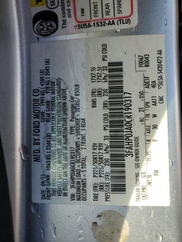 2012 Ford Fusion Sel VIN: 3FAHP0JA0CR190317 Lot: 53068154