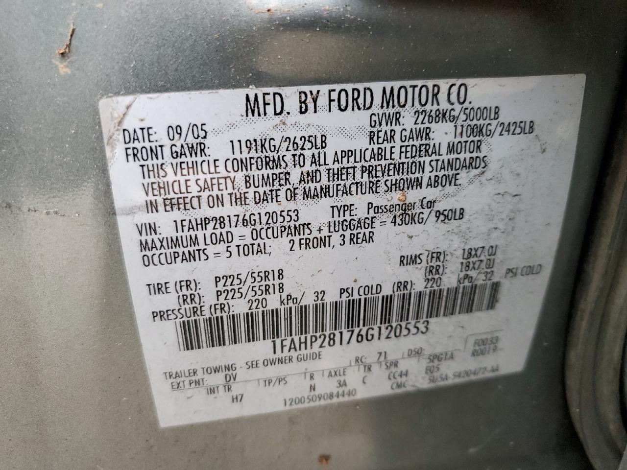 1FAHP28176G120553 2006 Ford Five Hundred Limited