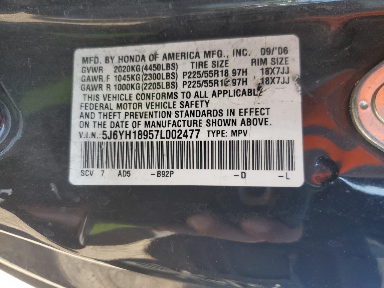 5J6YH18957L002477 2007 Honda Element Sc