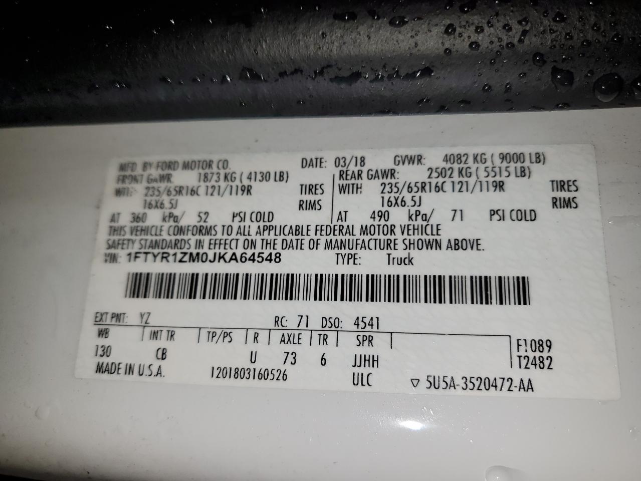 VIN: 1FTYR1ZM0JKA64548 2018 FORD TRANSIT