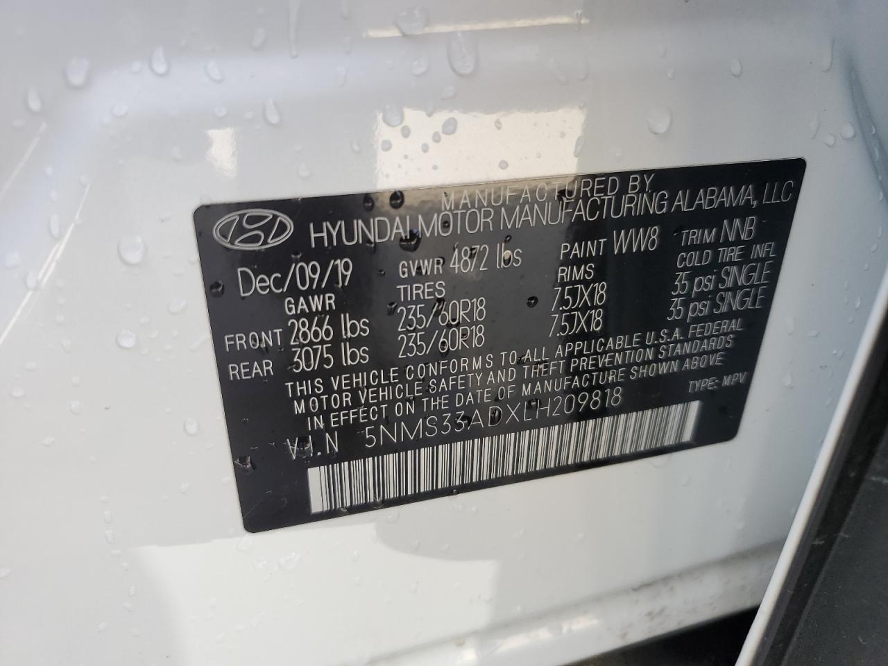 5NMS33ADXLH209818 2020 Hyundai Santa Fe Sel